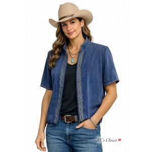 Double D Ranch Blue Tencel Studded Western Jacket Size Large Short Sleeve